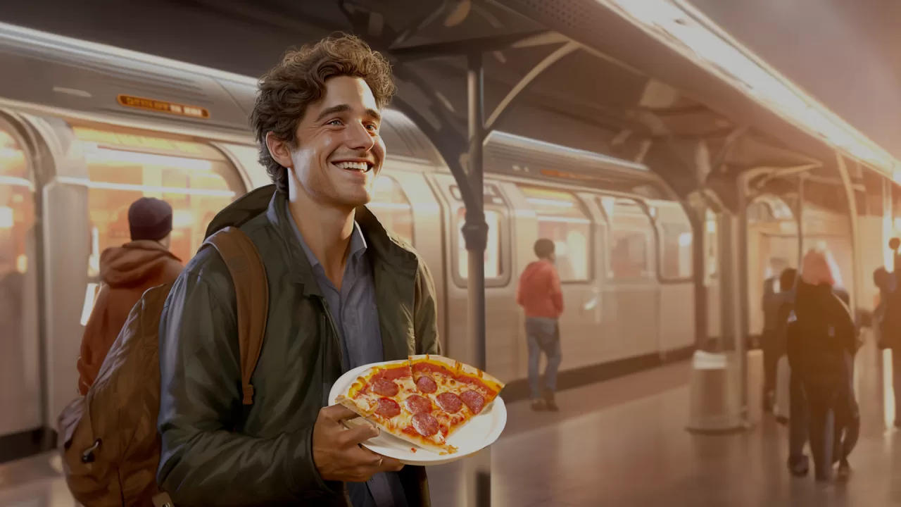 Man at Vancouver SkyTrain eating Freshslice pizza